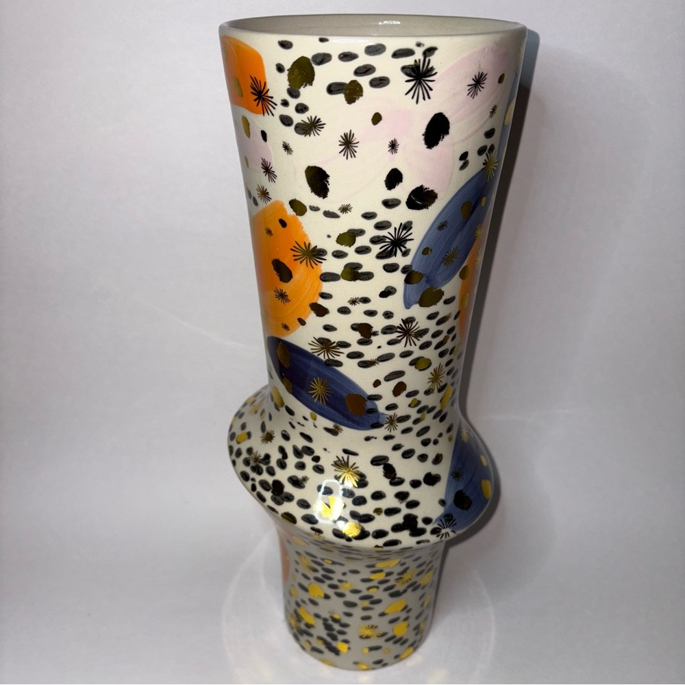 Pier 1 Imports Ceramic Abstract Asymmetrical Vase Cream Orange Gold Atomic Stars